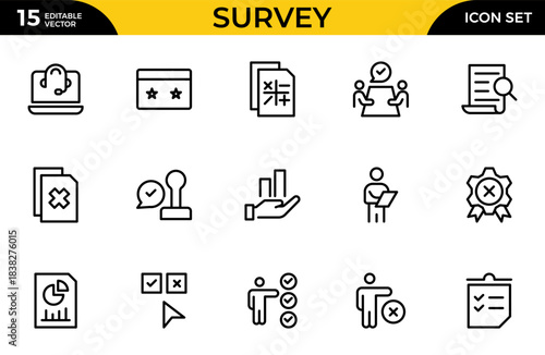 Survey icon set. Containing feedback, opinions, questionnaires, polls, research, and so on. Thin outline icons pack. Vector illustration