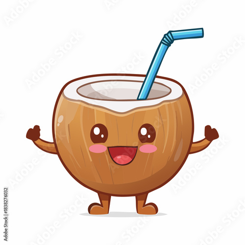 Cute Kawaii Coconut Drink Character with Straw, Vector Illustration