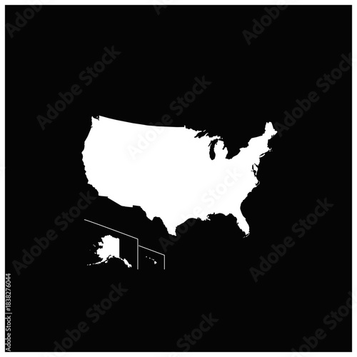 黒背景の世界の国のシルエットのアイコンより、アメリカ合衆国のアイコン。Icon of the United States of America, among icons of silhouettes of countries of the world on black background.