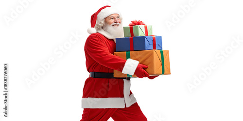 Santa's Gift: Santa Claus, bearing gifts, embodies the spirit of generosity, bringing joy and excitement. Dressed in his iconic red suit and hat, he carries a stack of colorful presents.
