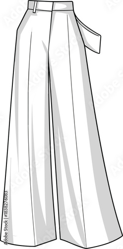 Fashion illustration of wide-leg tailored pants with high waist, pleats, and side detail, clean garment template for apparel designers and stylistsFashion illustration of wide-leg 