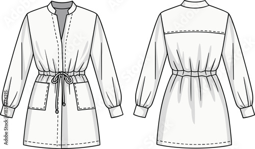 Technical fashion illustration of a women’s long-sleeve drawstring jacket shown front and back, detailed garment template for apparel design and pattern drafting