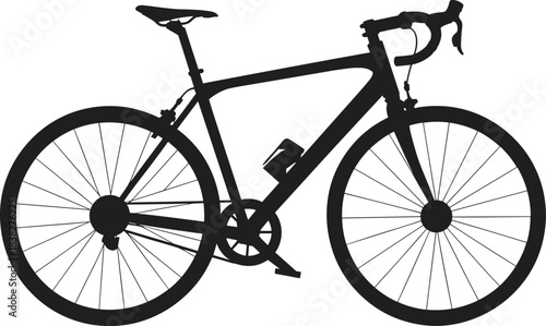 Sleek road bicycle silhouette isolated on white background, showcasing modern frame design, cycling components, and minimalist style for transportation, fitness, and outdoor activities.
