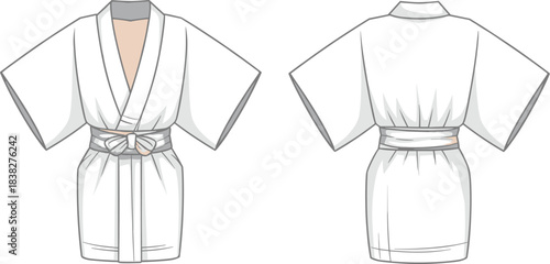 Technical fashion illustration of a women’s short kimono-style robe with belt, shown front and back, detailed garment template for apparel designers