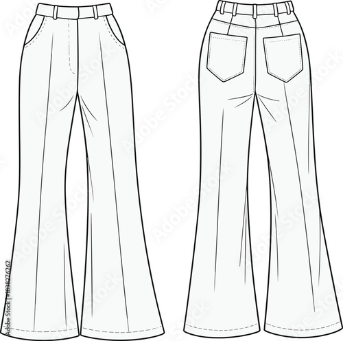 Technical fashion sketch of women’s flared pants shown front and back, detailed garment template for apparel design, pattern drafting, and fashion illustration