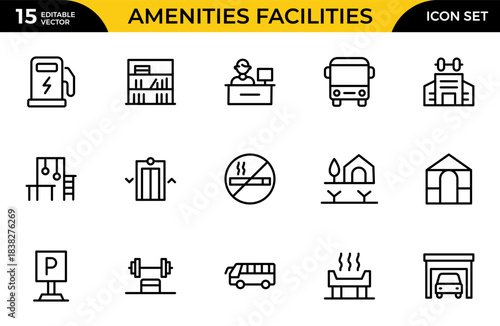 Amenities facilities line icon set. hotel parking restaurant park swimming pool. Thin outline icons pack. Vector illustration
