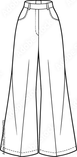Technical fashion sketch of women’s wide-leg pants with high waist and front pockets, detailed garment template for apparel design and illustration