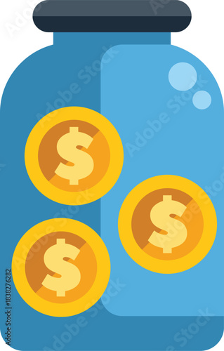 Blue glass jar with golden coins inside representing the concept of saving money