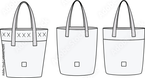 Vector tote bag design templates showcasing front and back views, clean outlines, stitching details, and minimalist fashion accessories for sewing, pattern making, and branding.