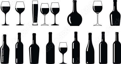 Wine bottle and glass silhouette collection, assorted drinkware shapes for bar menus, restaurant branding, alcohol packaging, beverage design, vector icon set