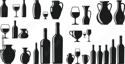 Wine bottle, glass, and pitcher silhouette collection, assorted drinkware and ceramic vessels for bar menus, packaging, restaurant branding, vector design set