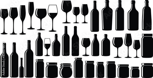 Wine bottles, drinking glasses, and jar silhouette collection, assorted container shapes for bar menus, packaging design, restaurant branding, vector set