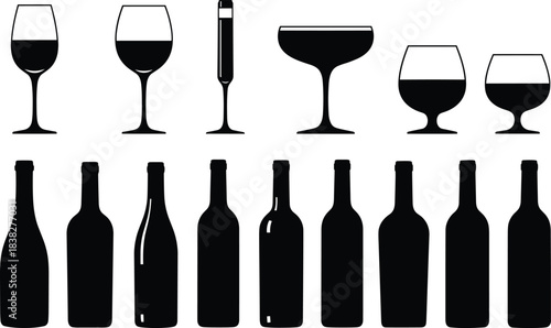 Wine glass and bottle silhouette collection, assorted drinkware styles for bar menus, restaurant branding, alcohol packaging, beverage design, vector icon set