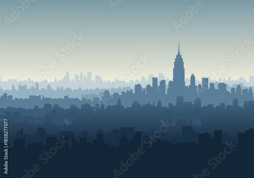 Stylized blue and grey layered cityscape illustration with a prominent skyscraper in the urban skyline, depicting a vast metropolitan area.