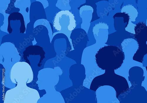 A diverse crowd of people depicted as blue silhouettes, representing community and human connection.