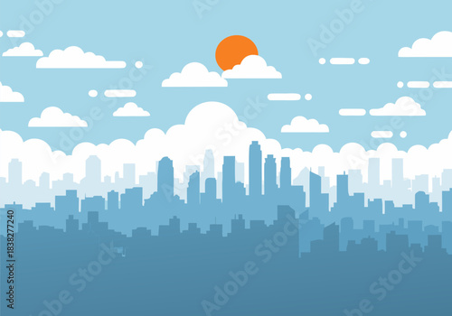 A flat design illustration of a modern city skyline with tall buildings, a bright orange sun, and fluffy white clouds in a blue sky.