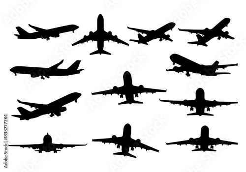 Collection of black airplane silhouettes in various flight positions against a white background.