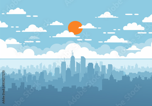 Flat design illustration of a city skyline with numerous buildings under a blue sky with white clouds and a bright orange sun.