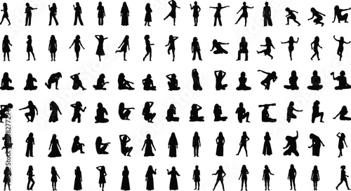 Woman silhouette collection, diverse female poses standing, sitting, walking, expressive gesture illustrations for design, animation, lifestyle projects, vector set