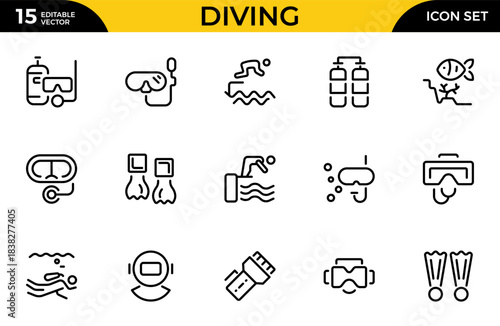 Diving line icon set. Related to dive, pool, swimwear, swimmer and more. Set of line pictogram. Swimming simple icon set. Thin outline icons pack. Vector illustration