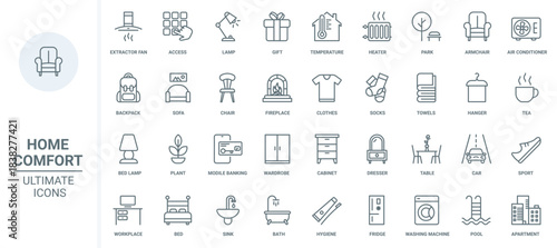 Furniture and equipment, home elements thin line icons set vector illustration. Abstract outline house interior design, apartment furnishing symbols for living room, bedroom, kitchen and bathroom