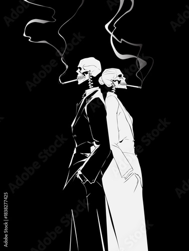 Two human skeleton smokers. Male and female skeletons smoking cigarettes. Stop smoking. Health risks of smoking concept, dangers of smoking tobacco. Smoking area design. 