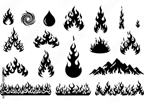 Collection of Stylized Fire and Flame Icons and Graphics for Design