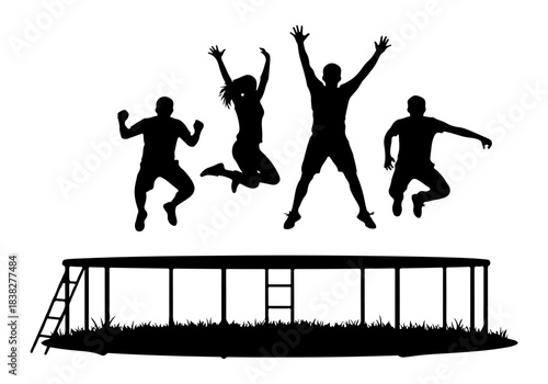 Energetic silhouettes of joyful friends leaping high on an outdoor trampoline, celebrating freedom and active lifestyle fun
