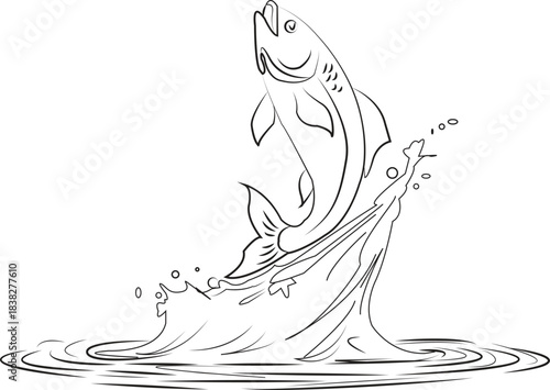 Continuous line fish rising from the water.