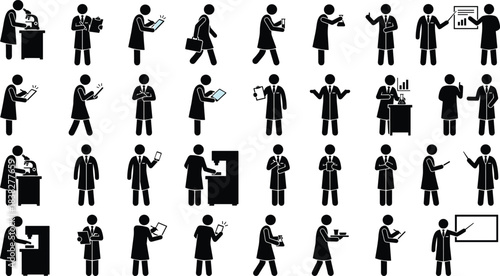 Collection of diverse laboratory scientist icons illustrating research, analysis, experimentation, teamwork, data reporting, and scientific workflow for education,