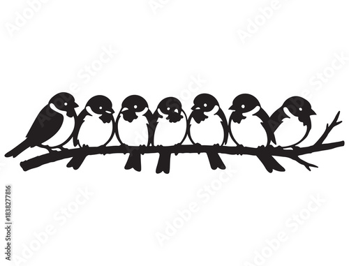 Seven small birds rest together, quiet silhouettes perched on one branch.