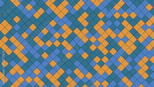 Abstract geometric pattern with interlocking diamond shapes in blue and orange