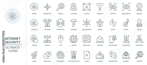 Online security thin line icons set vector illustration. Outline cybersecurity system and hosting on server, data update and protection with shield, accepted secure wireless connection and global GPS