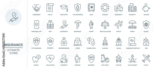 Insurance thin line icons set vector illustration. Abstract outline global financial protection shield for health, real estate and business, marriage contract and education agreement, healthcare
