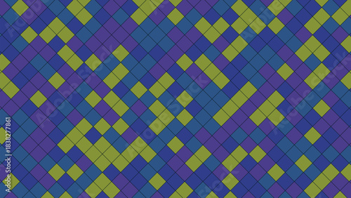 Abstract geometric pattern of interlocking diamonds in vibrant blue, purple, and green.