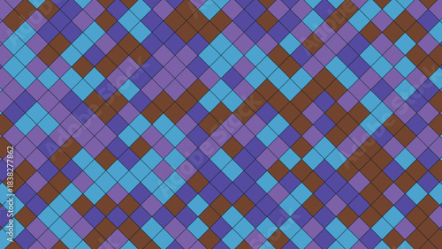 Geometric pattern of interlocking diamond shapes in shades of purple, blue, and brown.