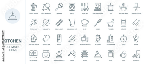 Kitchen thin line icons set vector illustration. Outline symbols of restaurant or home equipment and tools for cooking, coffee machine and hood, scales and microwave, chefs apron and recipe book