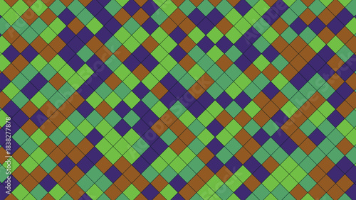 Vibrant geometric mosaic pattern with interlocking diamond shapes in green, purple, and brown.