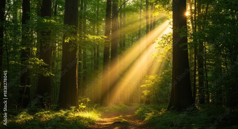 Obraz premium Brilliant golden sunbeams pierce through dense forest canopy onto a woodland path