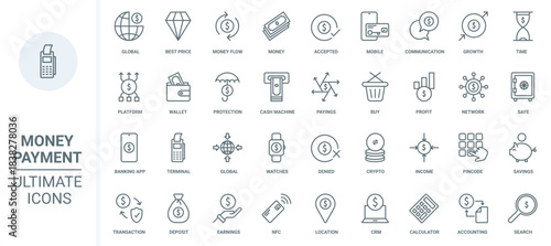 Money payment, financial accounting, savings and banking thin line icons set vector illustration. Abstract outline bank account protection and profit, shopping with wallet mobile app, POS terminal
