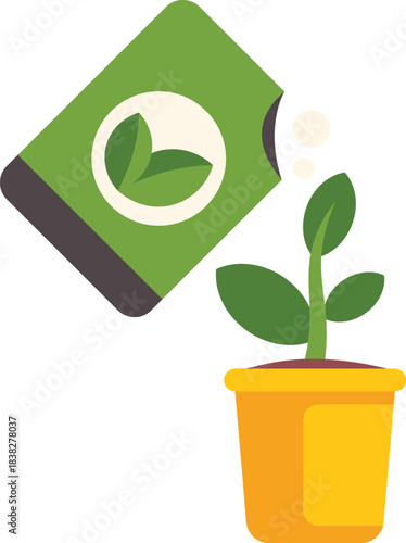 Green pack of fertilizer fertilizing a potted plant on a white background