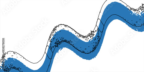 Grunge grainy blue brush stroke with spray texture. Hand drawn distress damaged vintage banner with zigzag bold line. Rough thick brush stroke texture. Spray paint effect vector background.