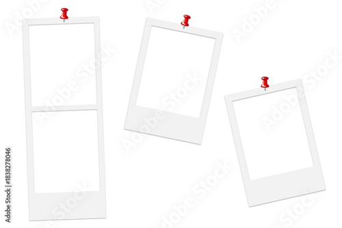 empty instant photo frames and photo strip with red push pin