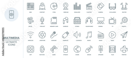 Multimedia content, equipment and entertainment thin line icons set vector illustration. Abstract outline video camera and microphone, photo, movie and music library mobile app, headphones and games