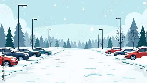 Cars parked in snowy lot surrounded by winter forest, parking lot under snow