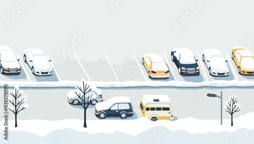 Top view of snowy parking spaces with cars and bare trees, parking lot under snow