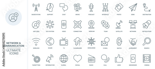 Social media, global network technology thin line icons set vector illustration. Outline communication tower and satellite system, global support, email notification and chat messages symbols