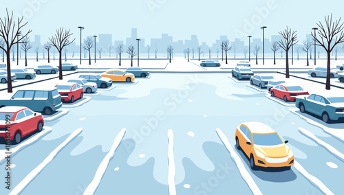 Wide winter parking lot with distant city skyline, parking lot under snow