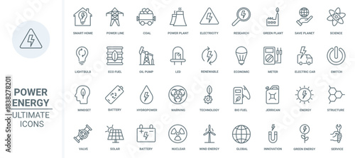 Innovation researches in energy and power production thin line icons set vector illustration. Outline solar panel and wind mill, nuclear and water power plant, electric car, eco mindset to save planet