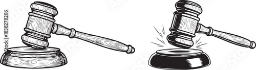 Wooden judge's gavel and sound block in black and white sketch, justice concept. Law, Justice, Auction, Authority, and Judgement Symbol Vector